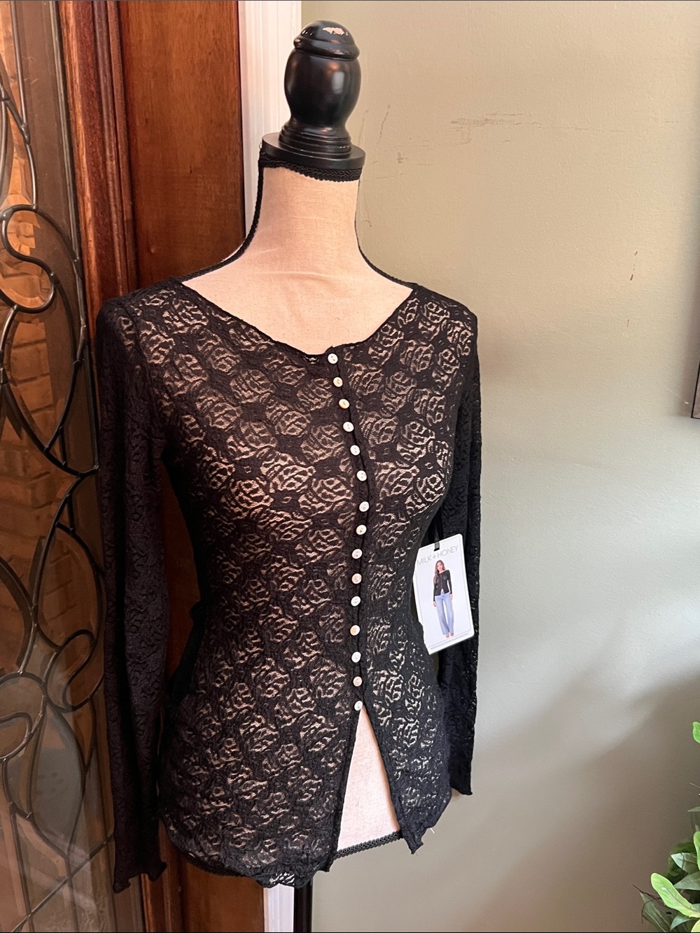 Sheer Black Lace Long-Sleeve Button-Front Top